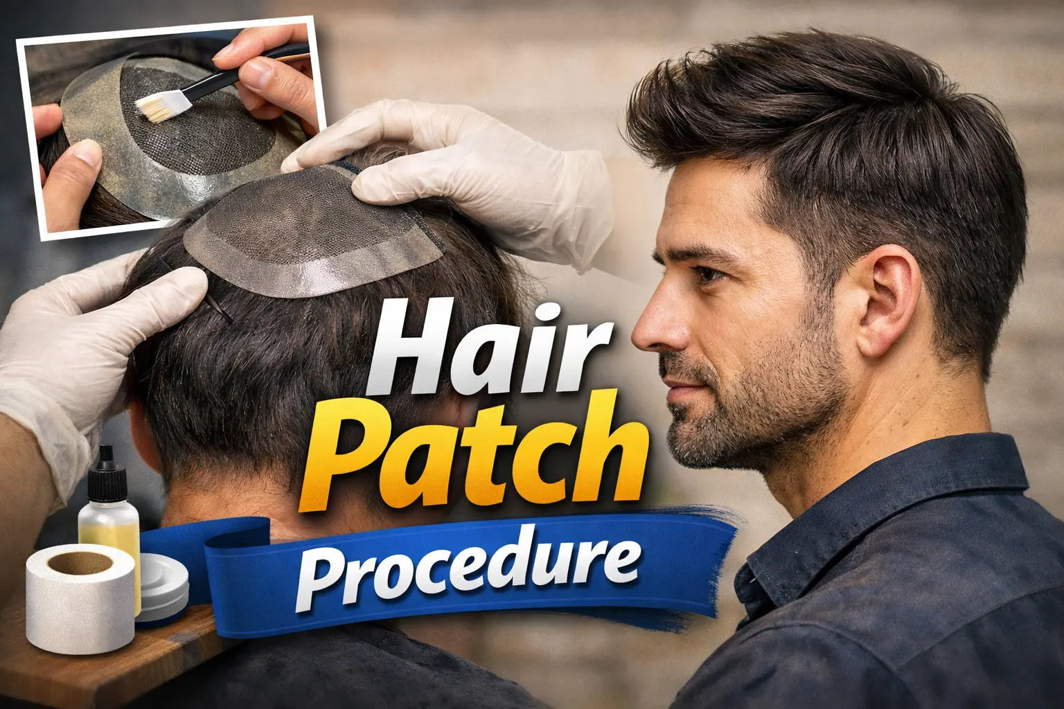 Professional hair patch application and fixing process showing scalp preparation, bonding technique, and natural-looking non-surgical hair replacement results.