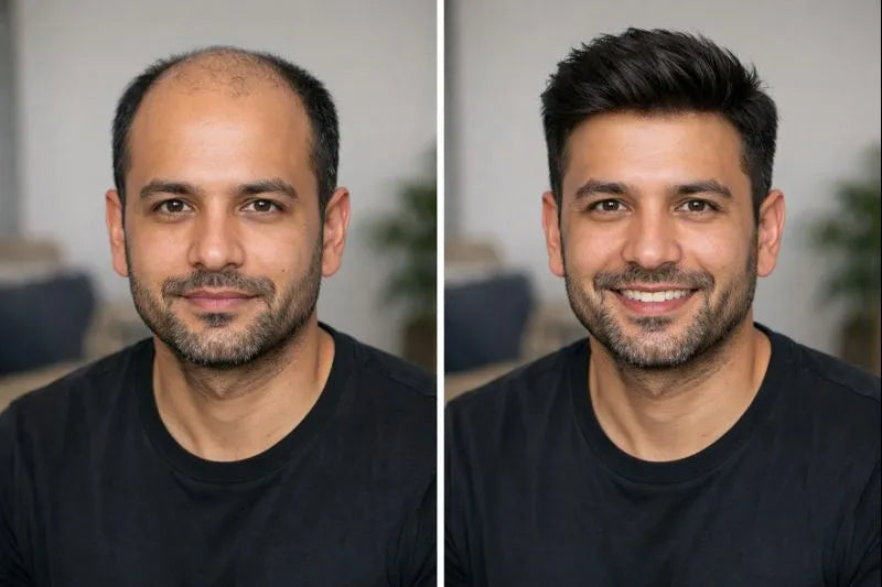 Side-by-side comparison of a man with and without hair, wearing a black shirt.