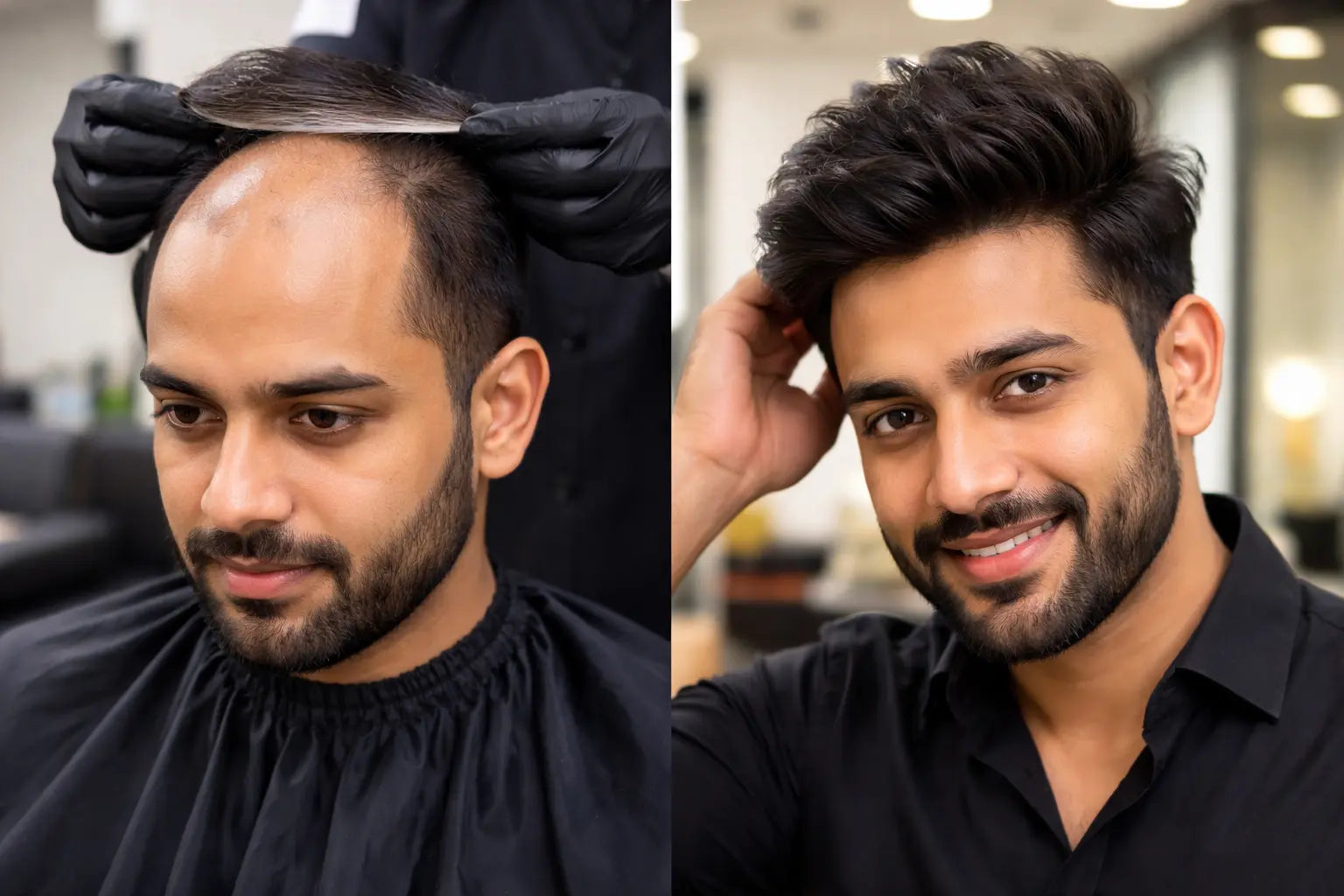 Before and after transformation of a man with hair treatment and styled haircut.